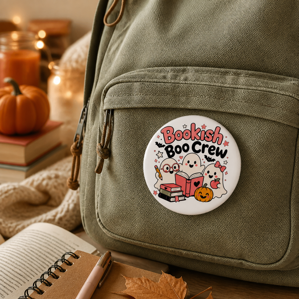 Bookish Boo Crew Halloween Button Pin, Cute Ghost Reader Badge