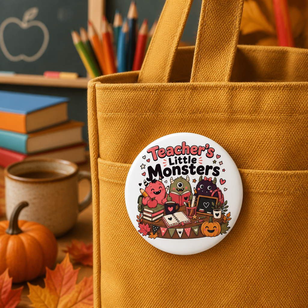 Teacher’s Little Monsters Halloween Button Pin, Cute Classroom Teacher Badge