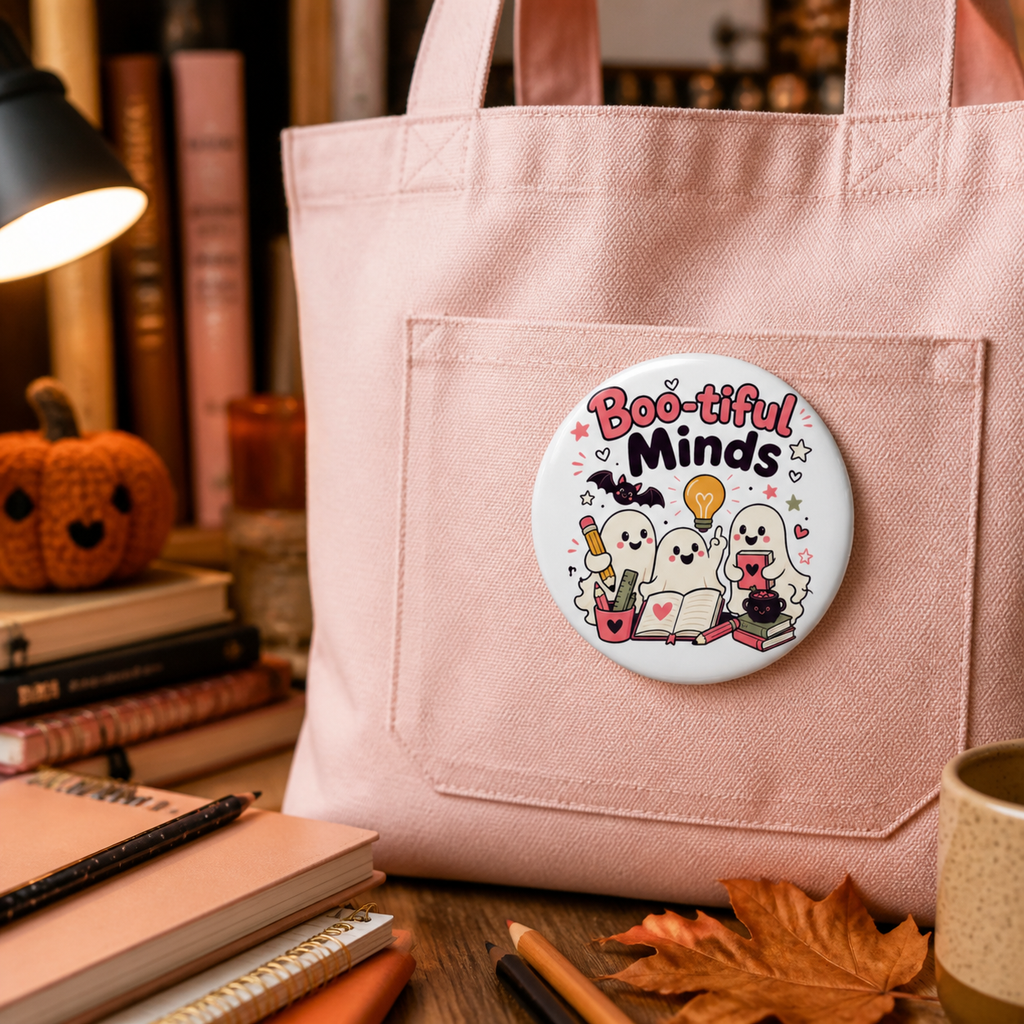 Boo-tiful Minds Halloween Button Pin, Cute Ghost Book Lover Badge