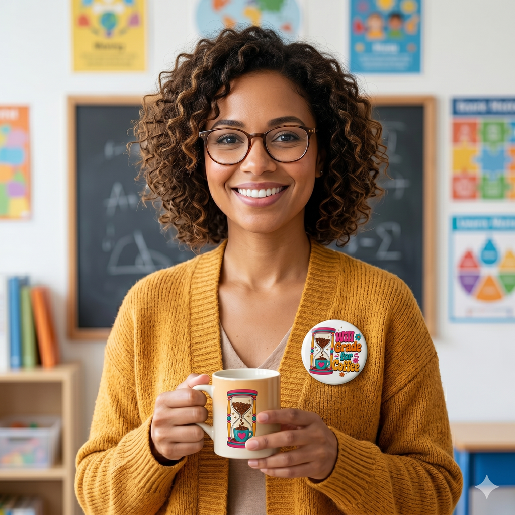 "Will Grade for Coffee Retro" Pin-Back Button