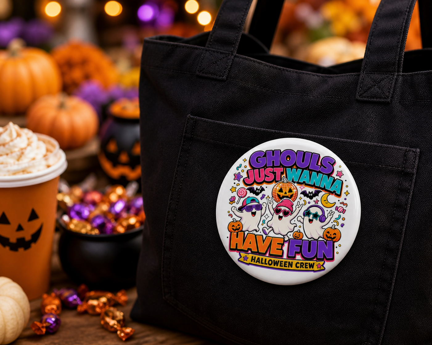 Ghouls Just Wanna Have Fun Halloween Button Pin, Cute Ghost Halloween Crew Badge