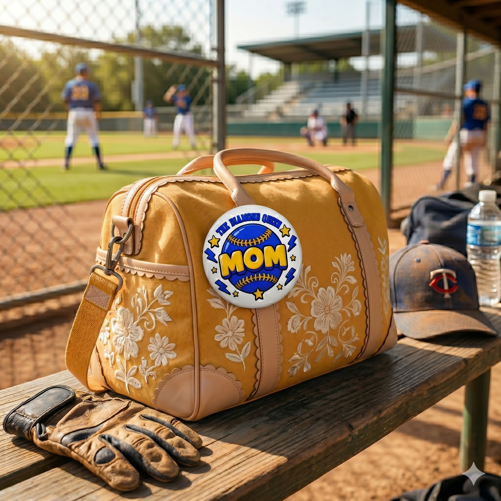 "MOM Softball" — "The Diamond Queen" Baseball Button Badge