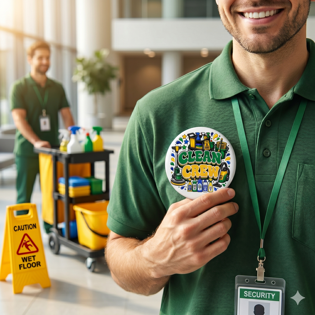 "Clean Crew" Pin Button – Cute Janitorial / Cleaning Team Badge