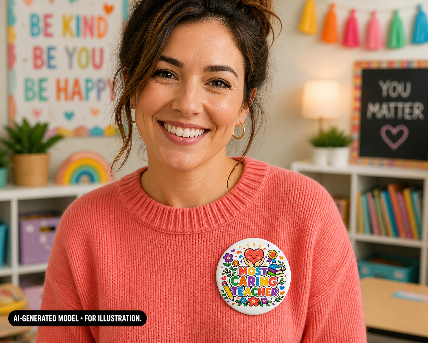 Most Caring Teacher Pin, Teacher Appreciation Gift, 3 Inch Award Button