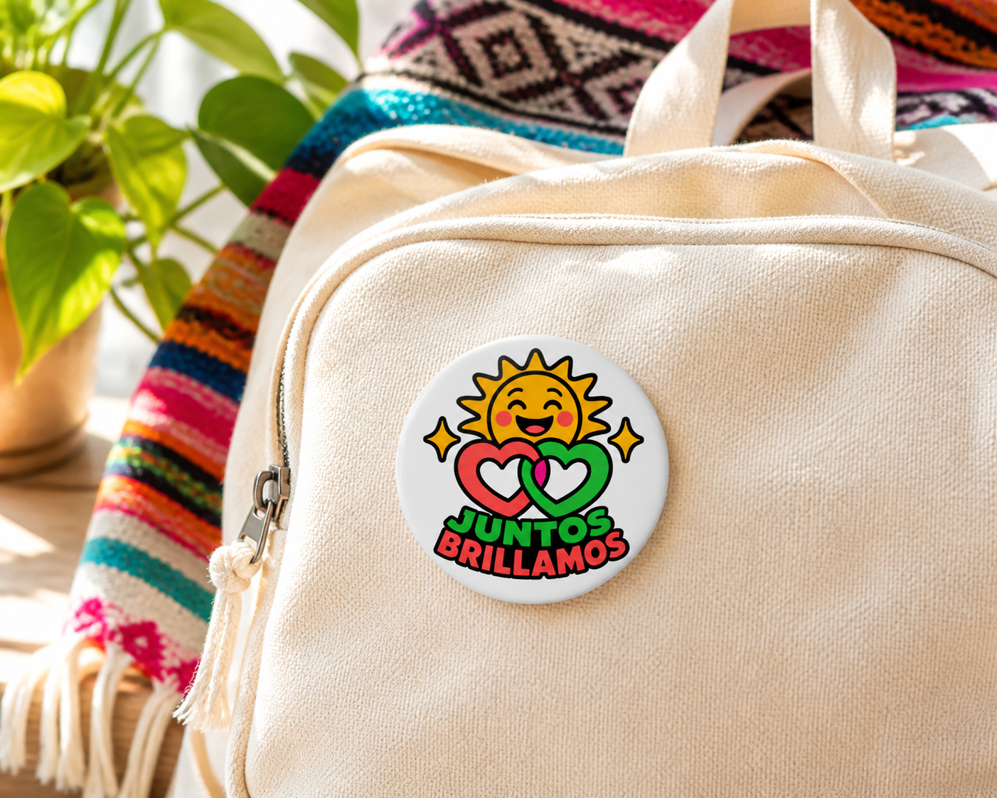 Juntos Brillamos Button Pin – Together We Shine Sun and Hearts Badge