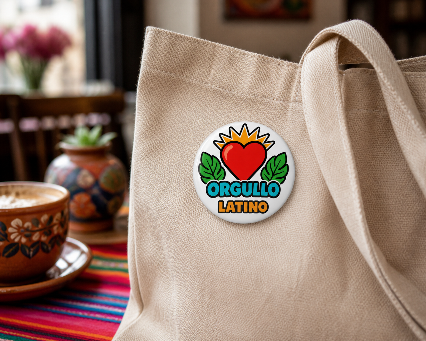 Orgullo Latino Button Pin – Latin Pride Heart Badge, Turquoise and Orange Hispanic Culture Gift