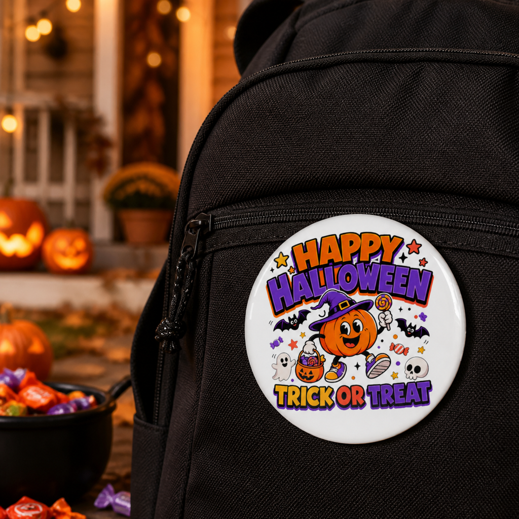 Happy Halloween Button Pin, Trick or Treat Pumpkin Halloween Badge