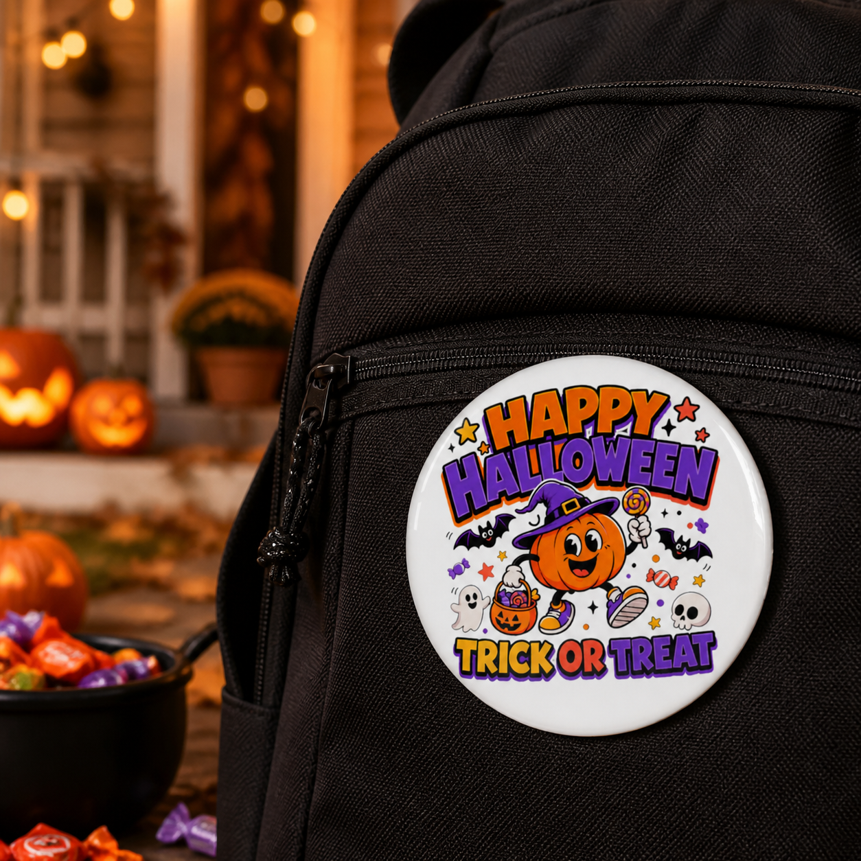 Happy Halloween Button Pin, Trick or Treat Pumpkin Halloween Badge