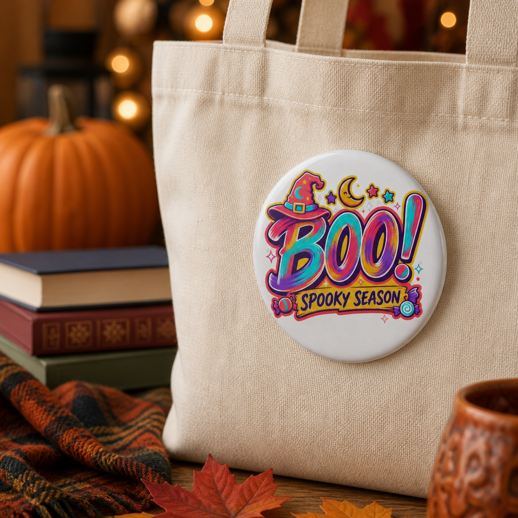 BOO Halloween Button Pin, Colorful Spooky Season Witch Hat Badge