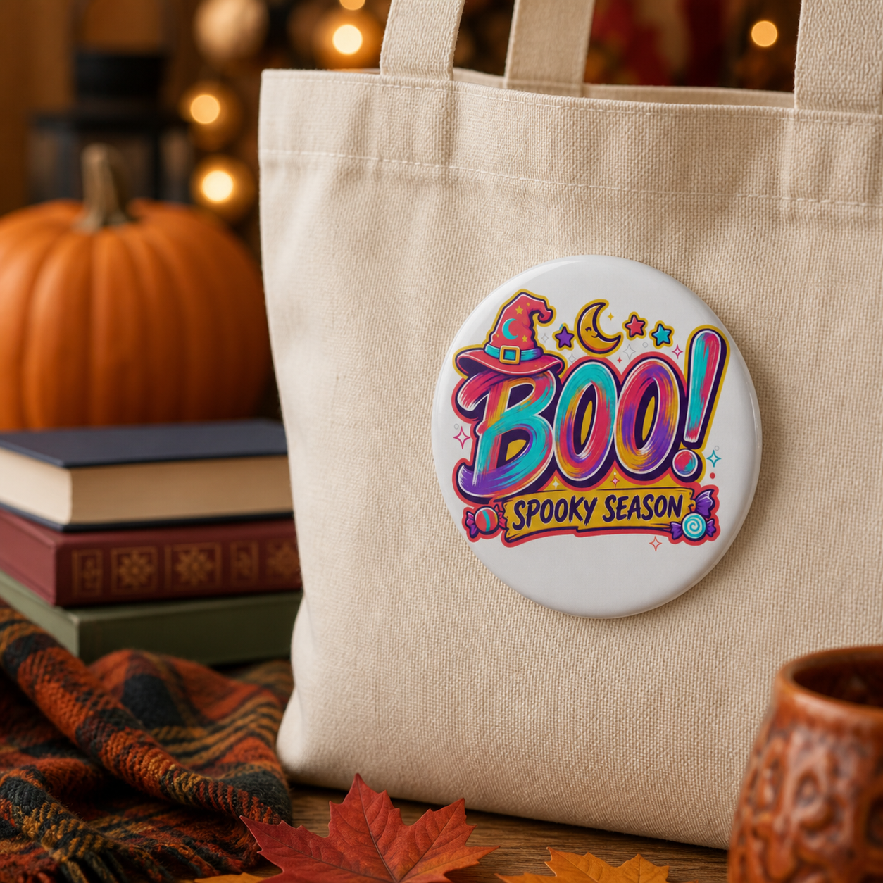 BOO Halloween Button Pin, Colorful Spooky Season Witch Hat Badge