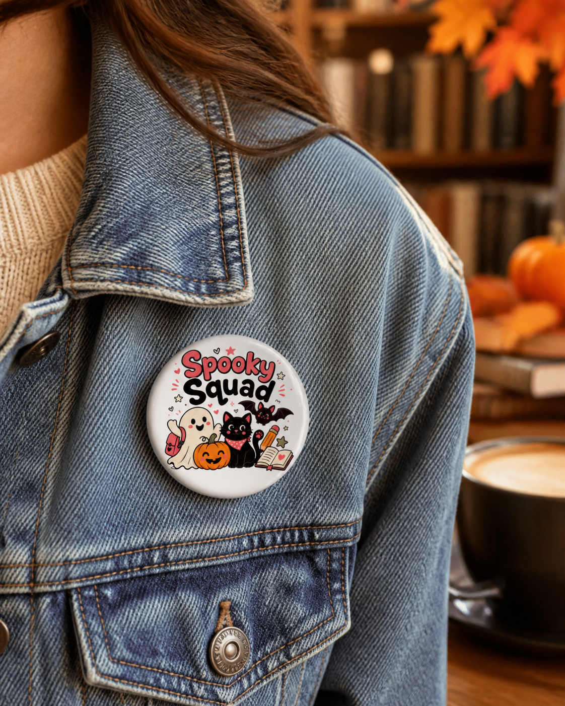 Spooky Squad Button Pin - Cute Halloween Ghost Cat Badge - Bookish Fall Pumpkin Accessory for Students, Teachers and Readers