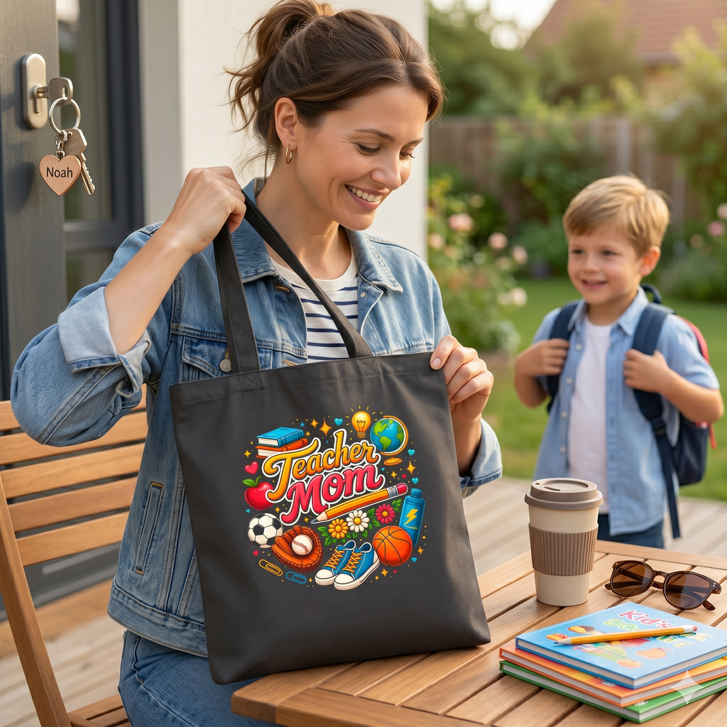 Teacher Mom Canvas Tote Bag with School Icons (Apple, Books, Sports)