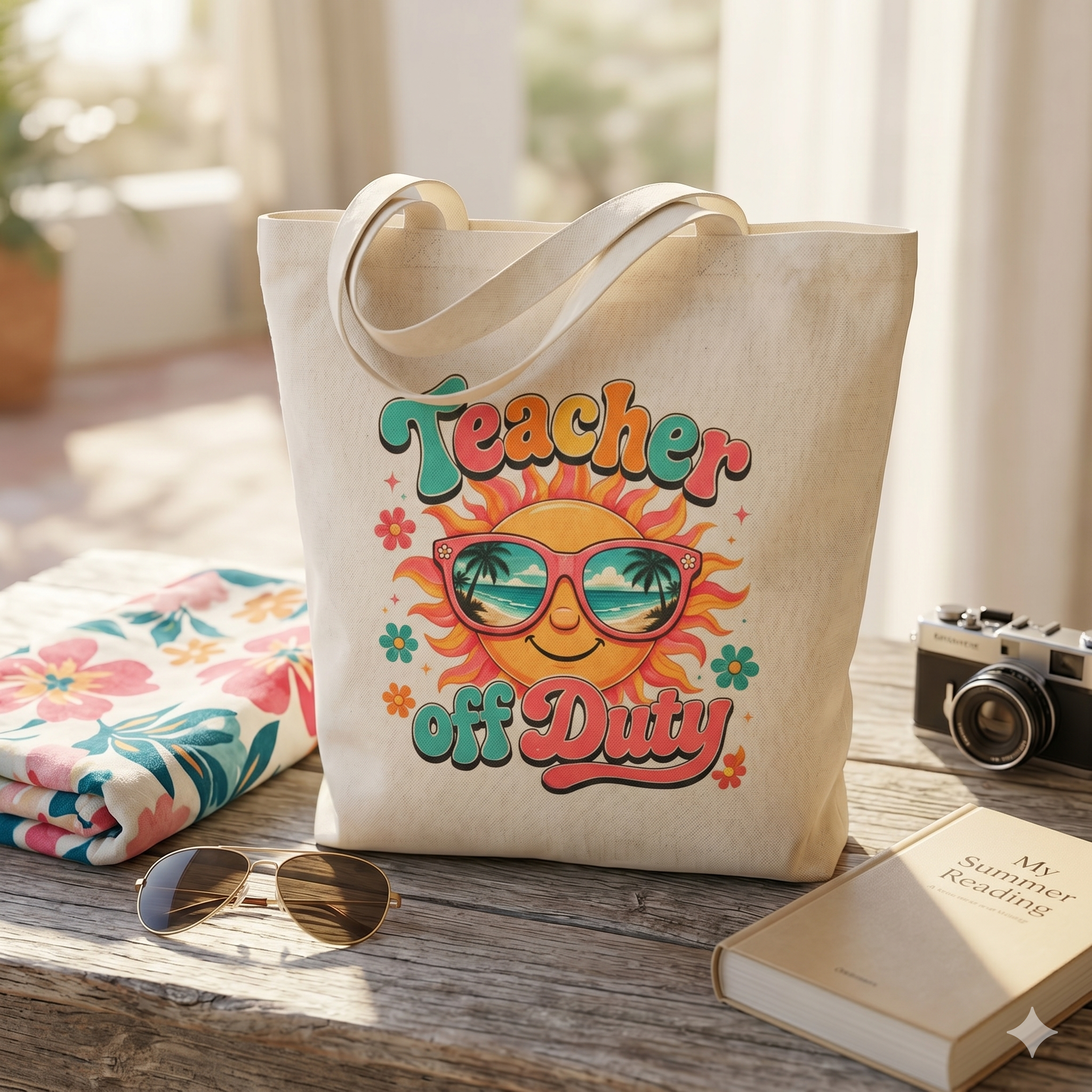 Teacher Off Duty Retro Sun Beach - Tote Bag (Teacher Gift, End of School)