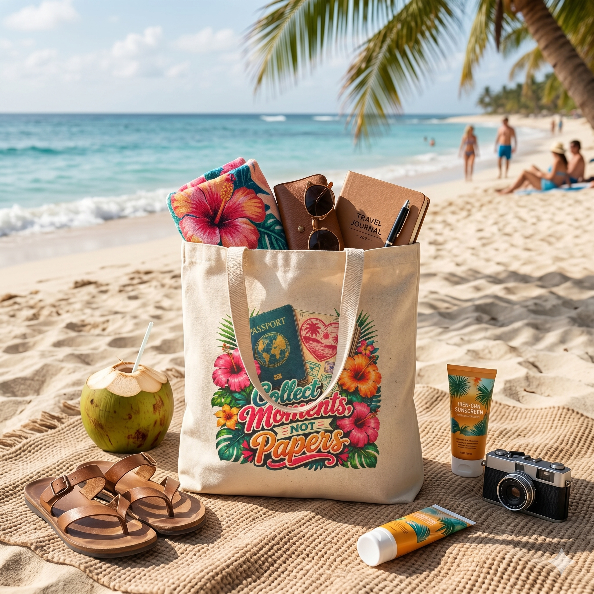 Collect Moments Not Papers - Tropical Travel Canvas Tote