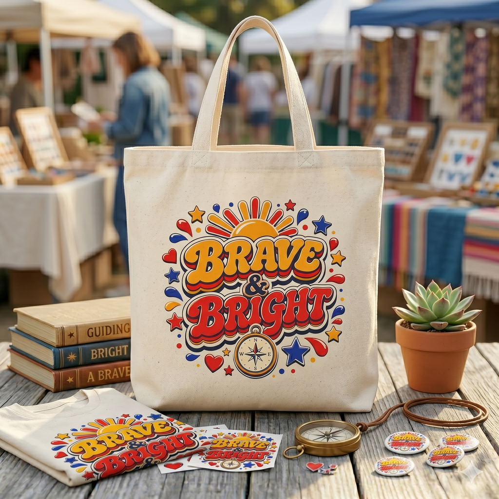 Brave and Bright - 70s Style Retro Compass and Sun Graphic Tote Bag