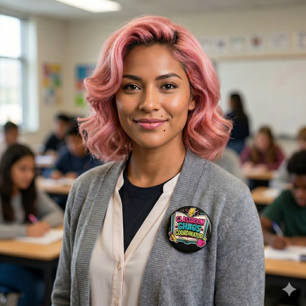 "Classroom Chaos Coordinator" – Retro Leopard Teacher Edition Pin