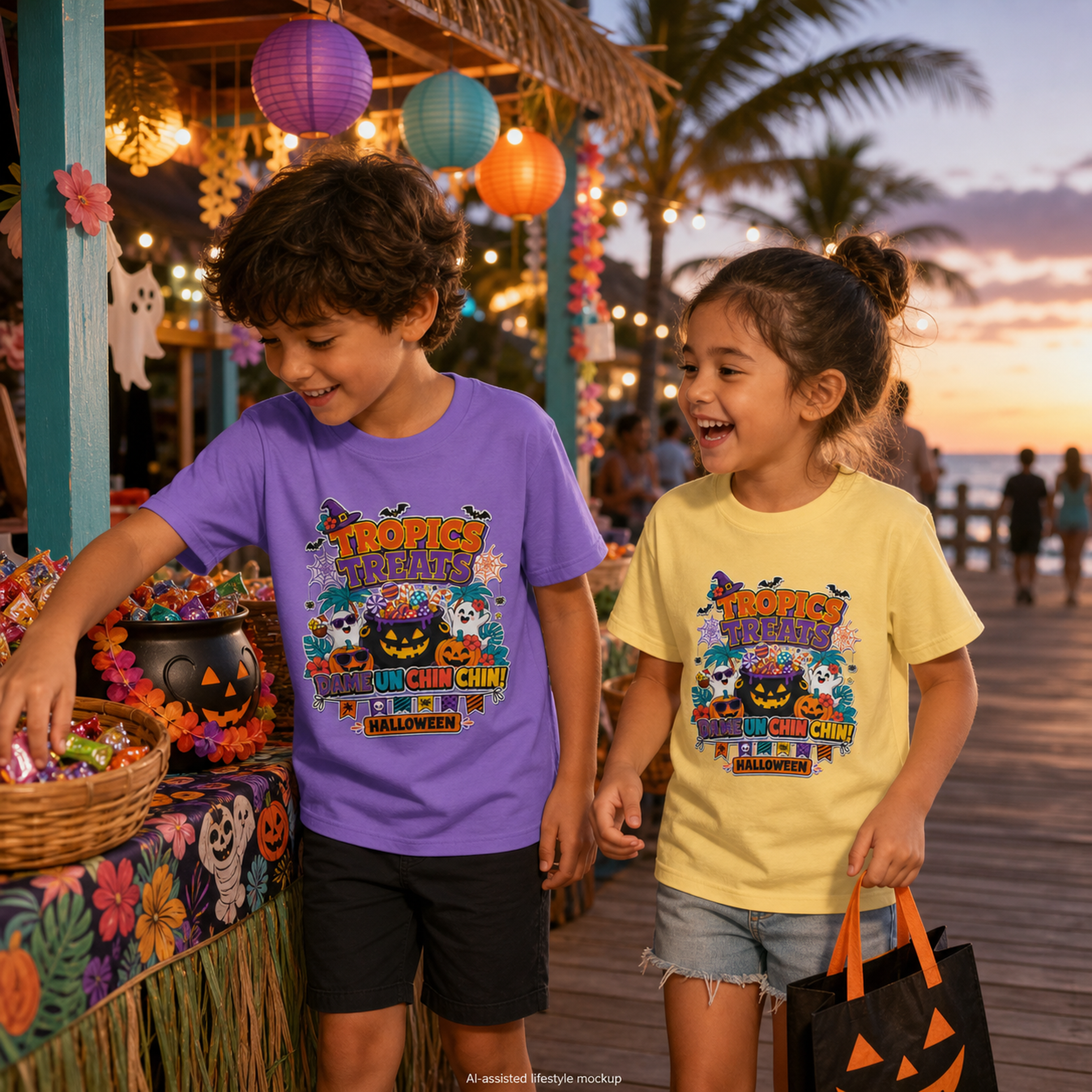 Tropics Treats Youth Halloween Retro Tee 🌴🎃
