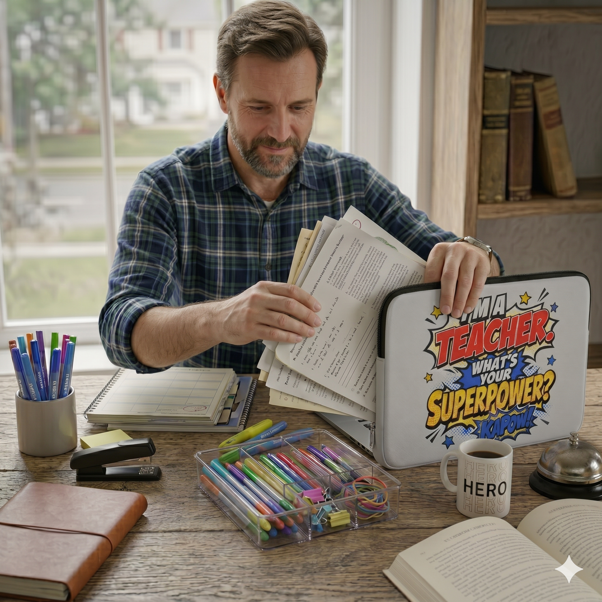 Teacher Superpower -  Vintage Newsprint Gray Laptop and iPad Sleeve