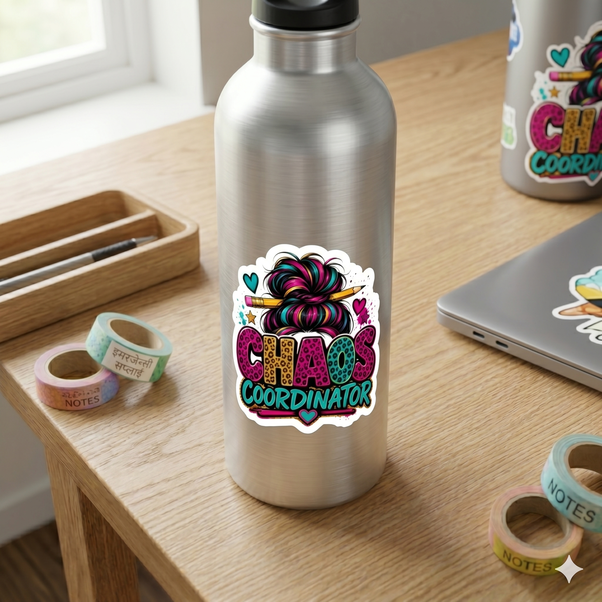 Chaos Coordinator Vinyl Sticker - Kiss-Cut Colorful Messy Bun Design