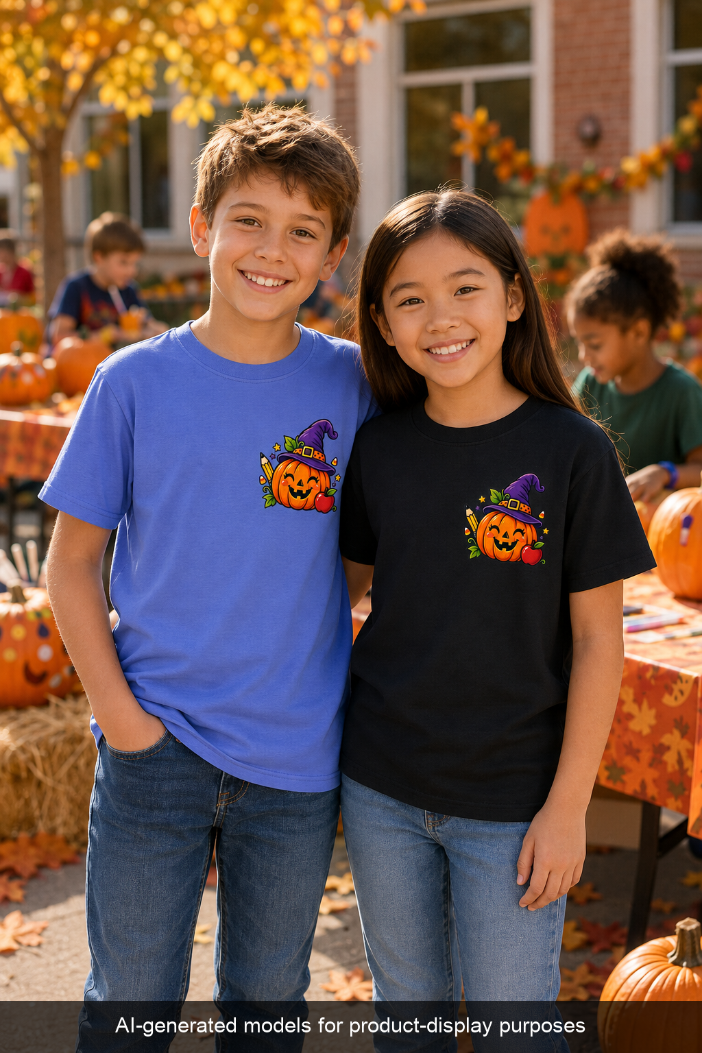 Kids Halloween Pumpkin Witch Hat Tee — Cute Jack-O'-Lantern with Apple & Pencils