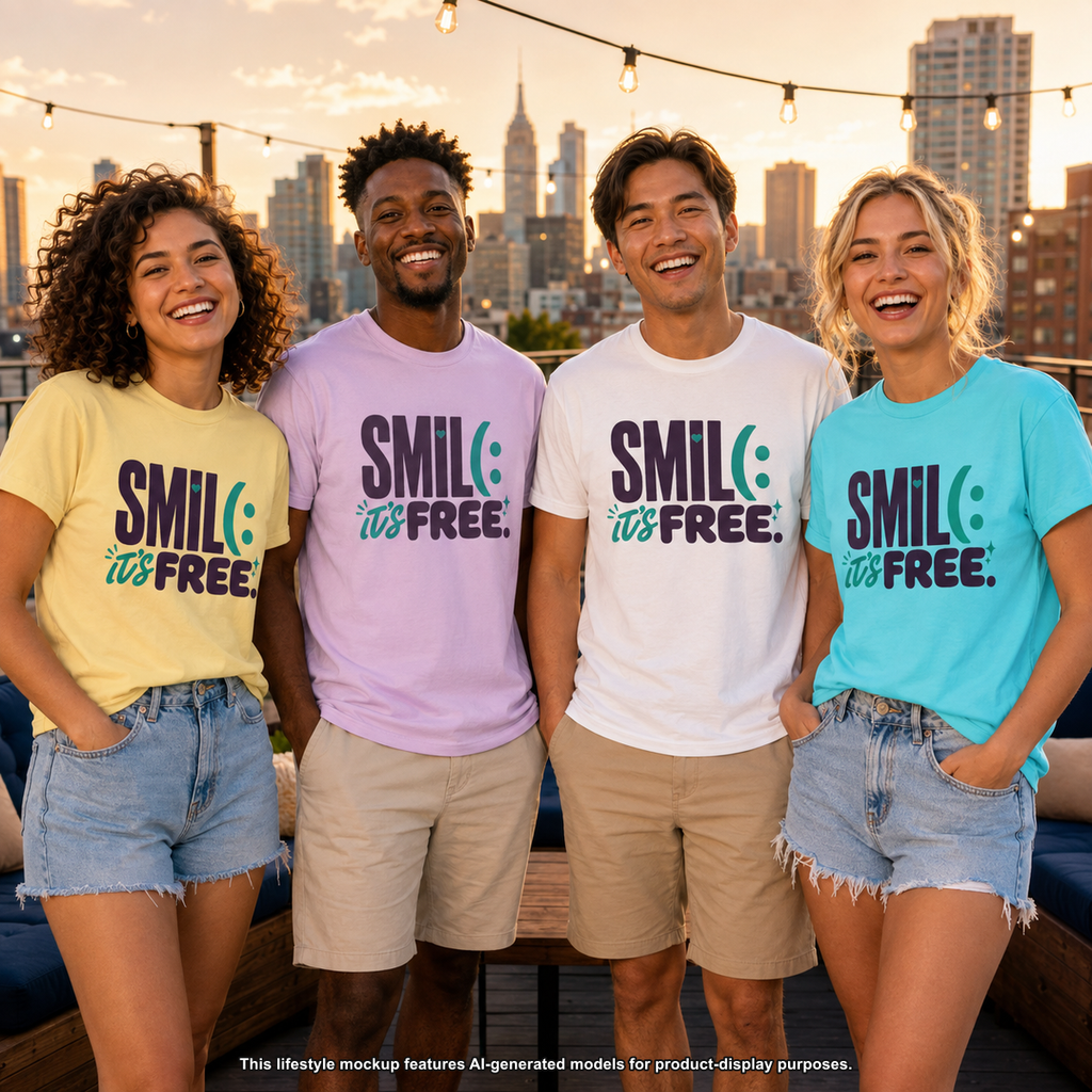 SMIL(: IT’S FREE. Plum & Teal Garment-Dyed Graphic Tee