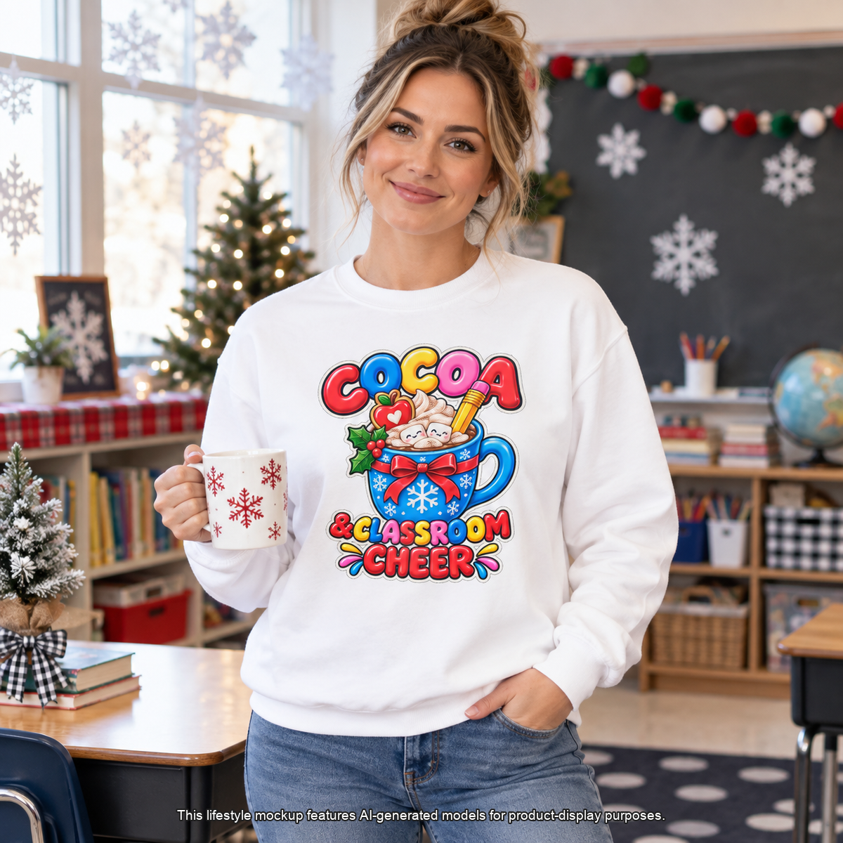Cocoa and Classroom Cheer Christmas Sweatshirt ☕🍎❄️