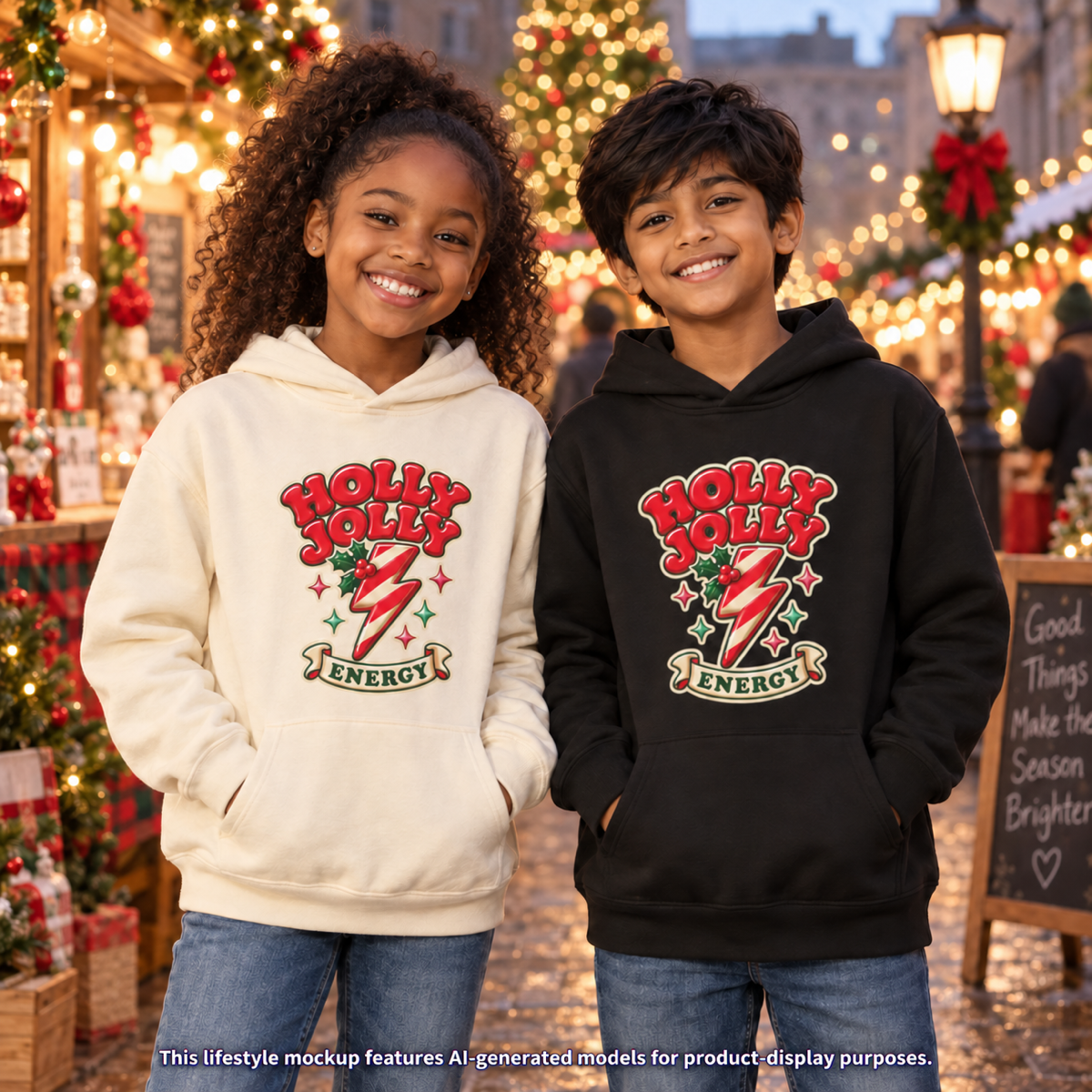 Holly Jolly Energy Youth Hoodie — Retro Christmas Lightning Kids Sweatshirt