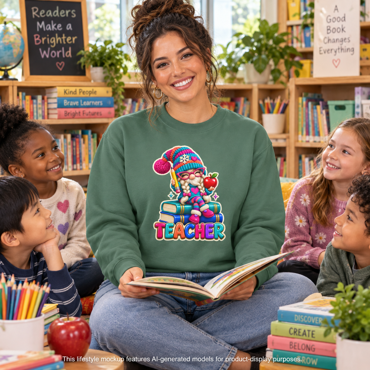 Teacher Gnome Book Lover Holiday Sweatshirt