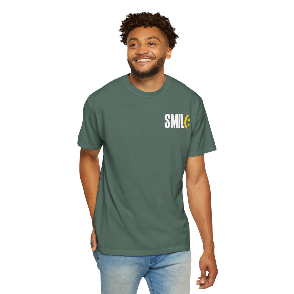 SMIL(: IT’S FREE. White & Yellow Front-and-Back Garment-Dyed Tee
