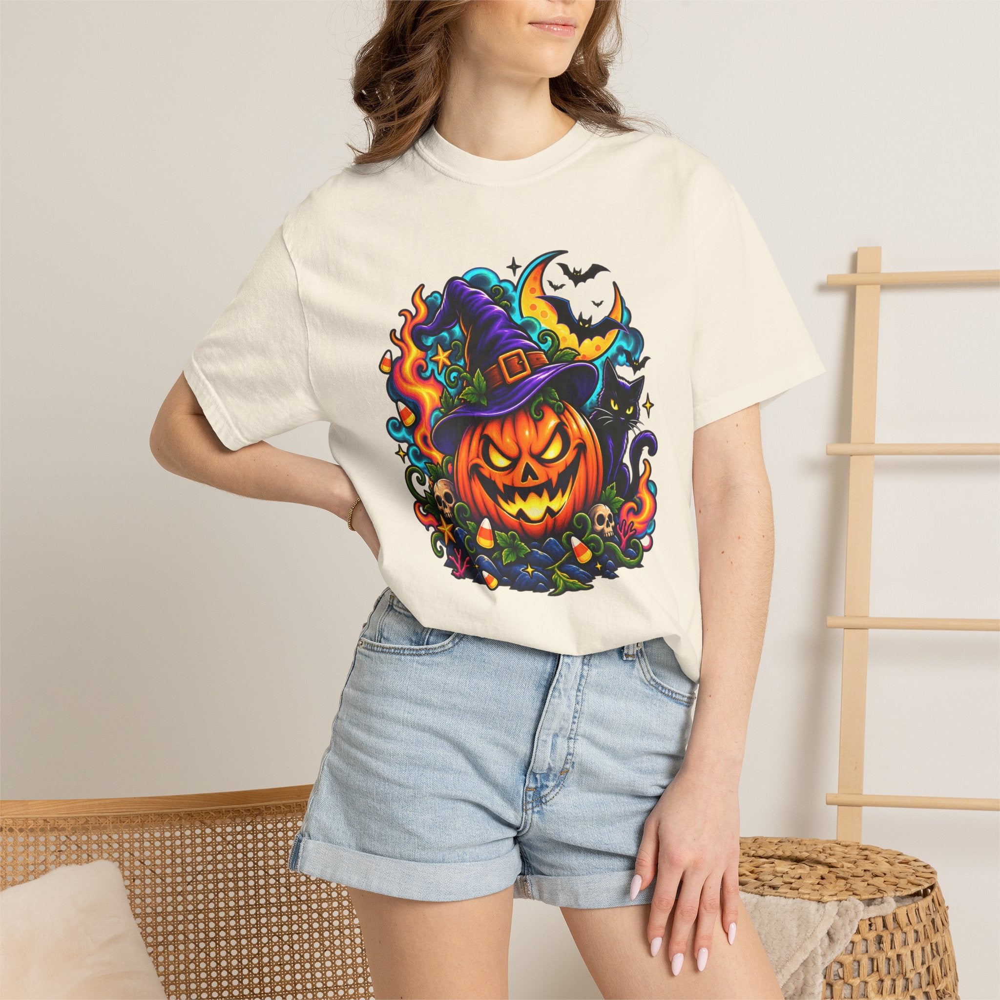Unisex Halloween Pumpkin & Black Cat T-Shirt | Colorful Spooky Adult Tee
