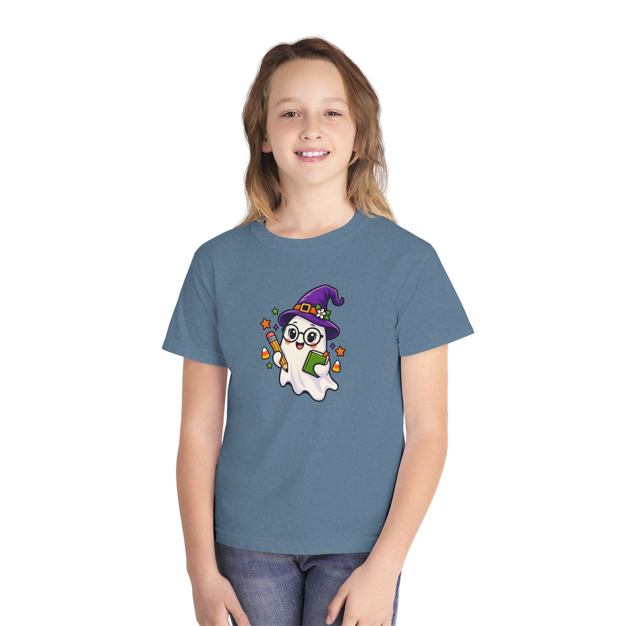 Kids Halloween Ghost Tee — Cute Witch Hat Ghost with Candy Corn & Trick-or-Treat Book