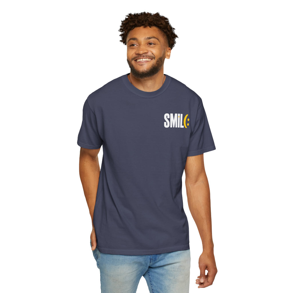 SMIL(: IT’S FREE. White & Yellow Front-and-Back Garment-Dyed Tee