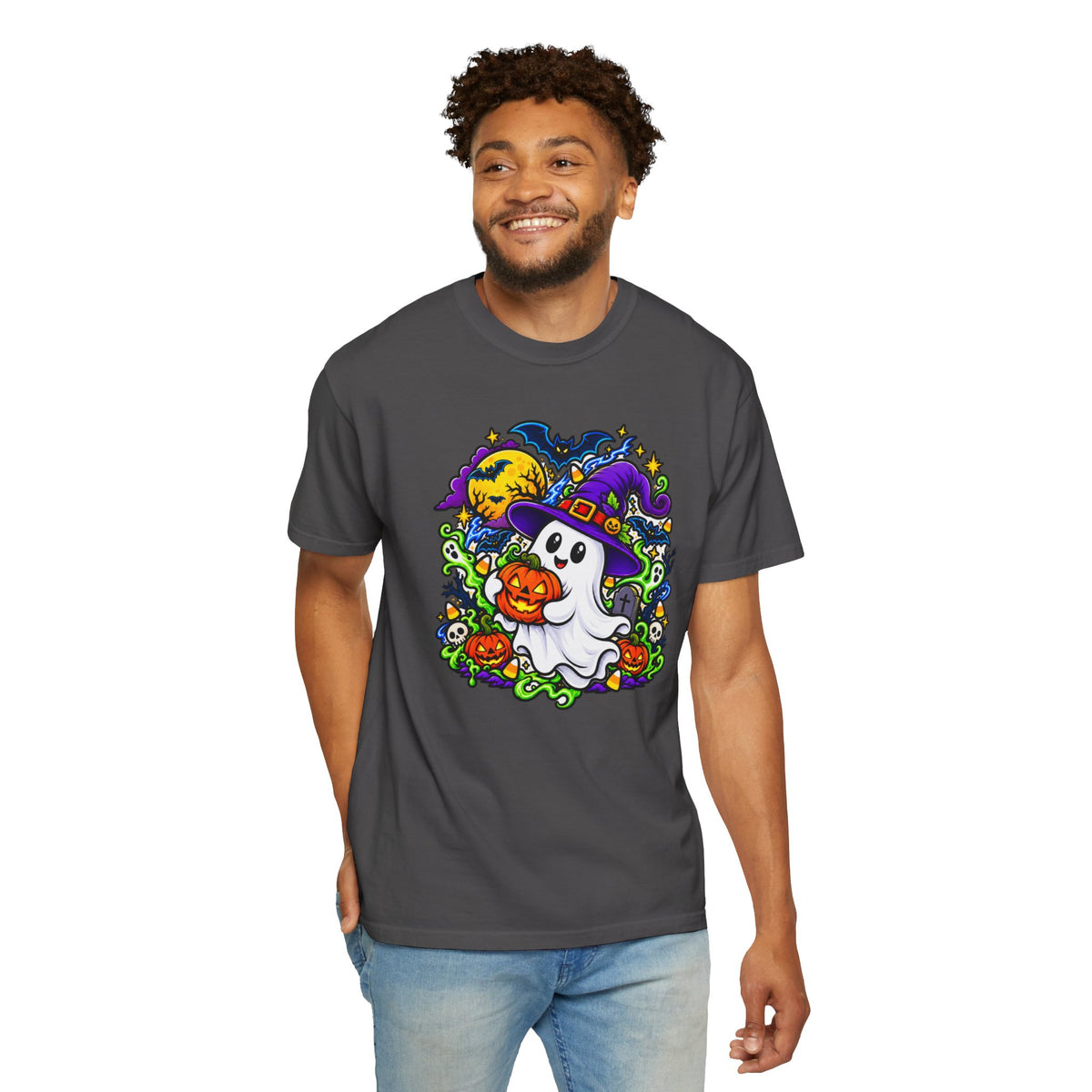 Unisex Halloween Ghost & Pumpkin Tee | Vibrant Spooky Adult Shirt