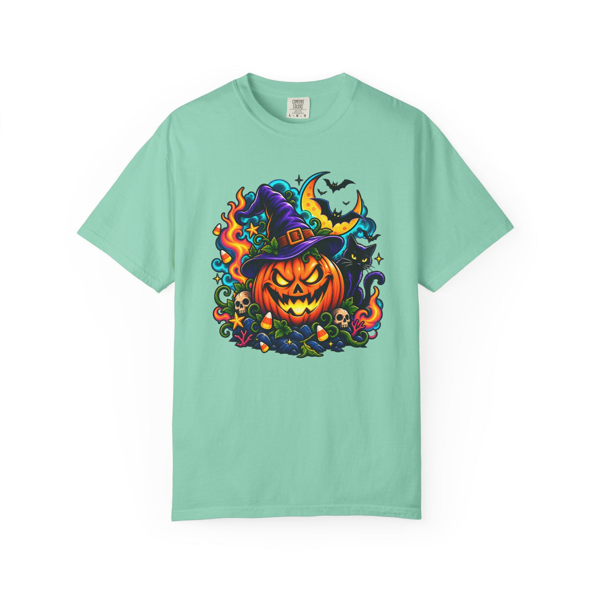 Unisex Halloween Pumpkin & Black Cat T-Shirt | Colorful Spooky Adult Tee