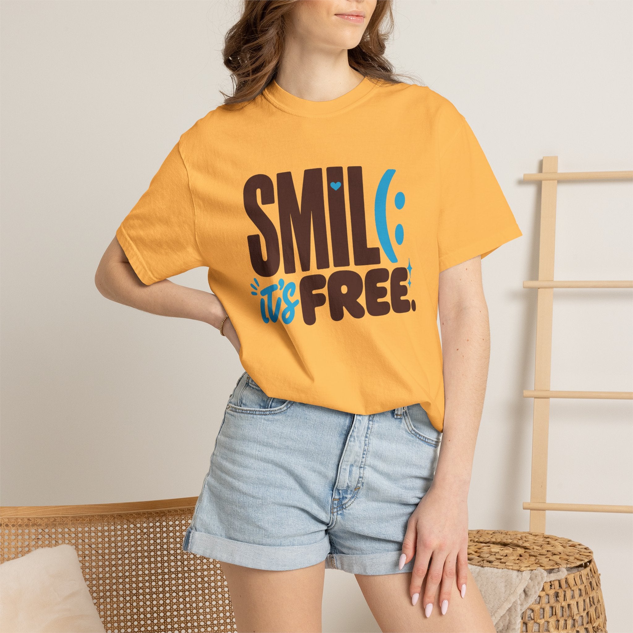 SMIL(: IT’S FREE. Brown & Bright Blue Garment-Dyed Graphic Tee
