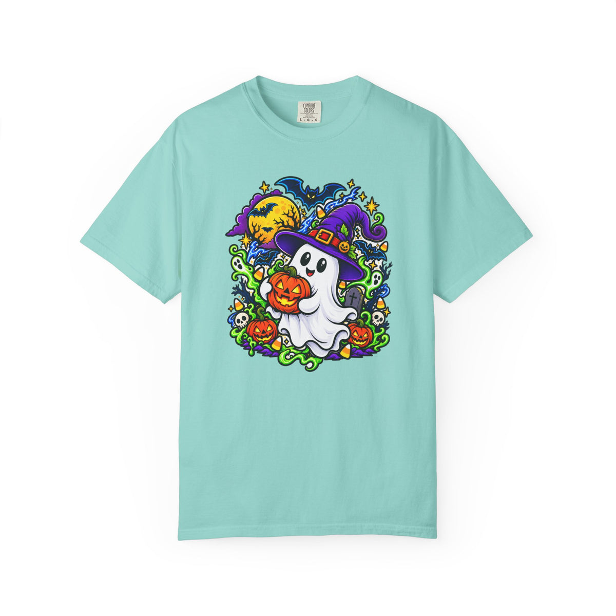 Unisex Halloween Ghost & Pumpkin Tee | Vibrant Spooky Adult Shirt