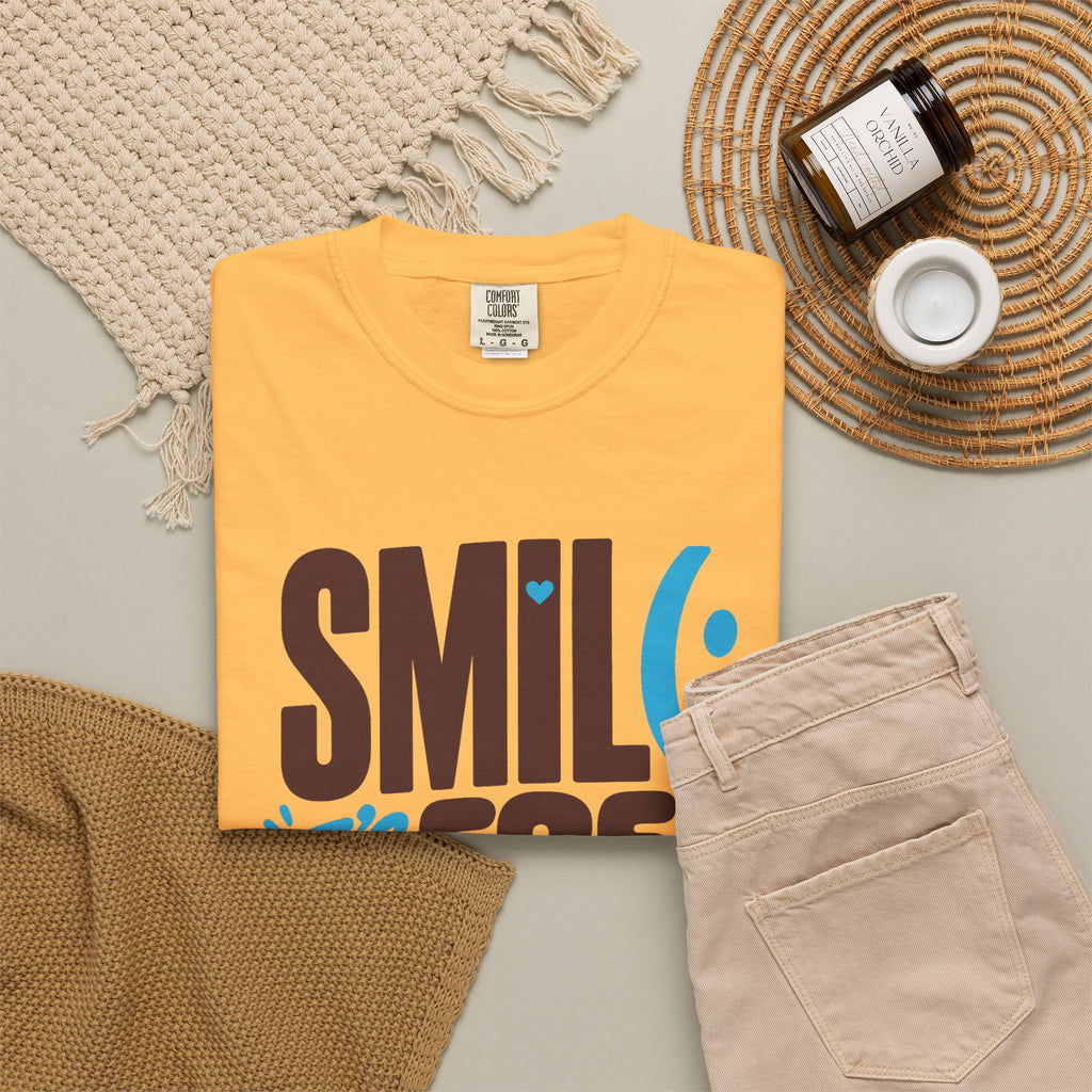 SMIL(: IT’S FREE. Brown & Bright Blue Garment-Dyed Graphic Tee