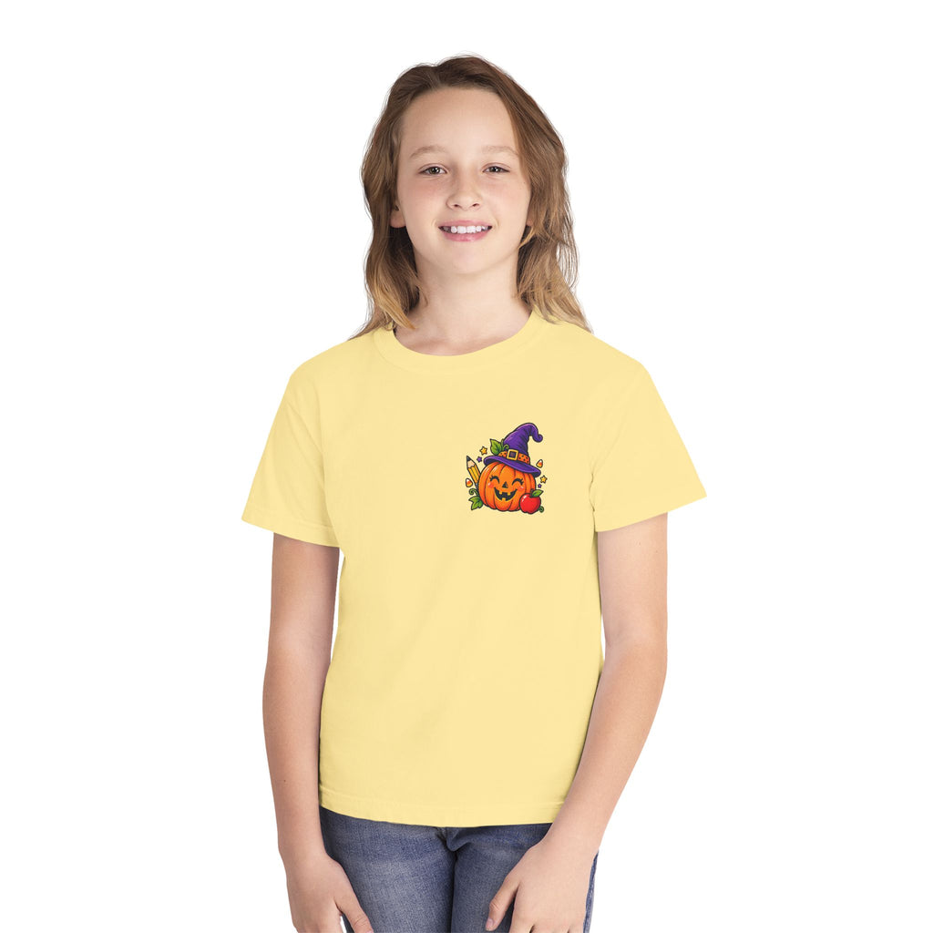 Kids Halloween Pumpkin Witch Hat Tee — Cute Jack-O'-Lantern with Apple & Pencils