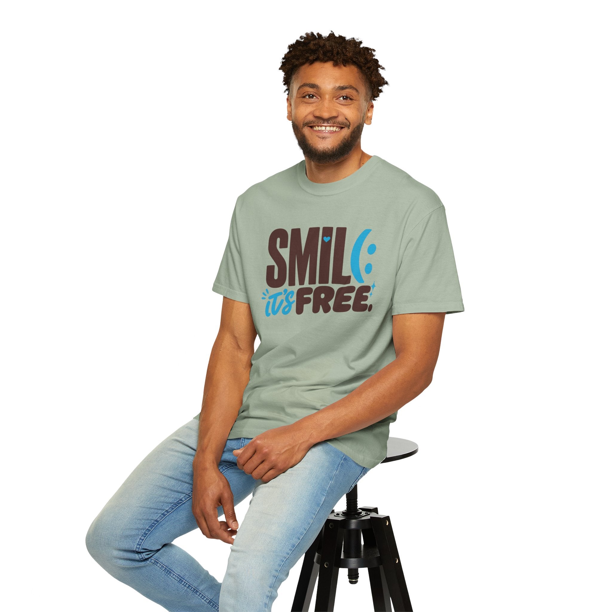 SMIL(: IT’S FREE. Brown & Bright Blue Garment-Dyed Graphic Tee
