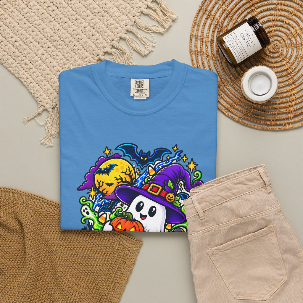 Unisex Halloween Ghost & Pumpkin Tee | Vibrant Spooky Adult Shirt