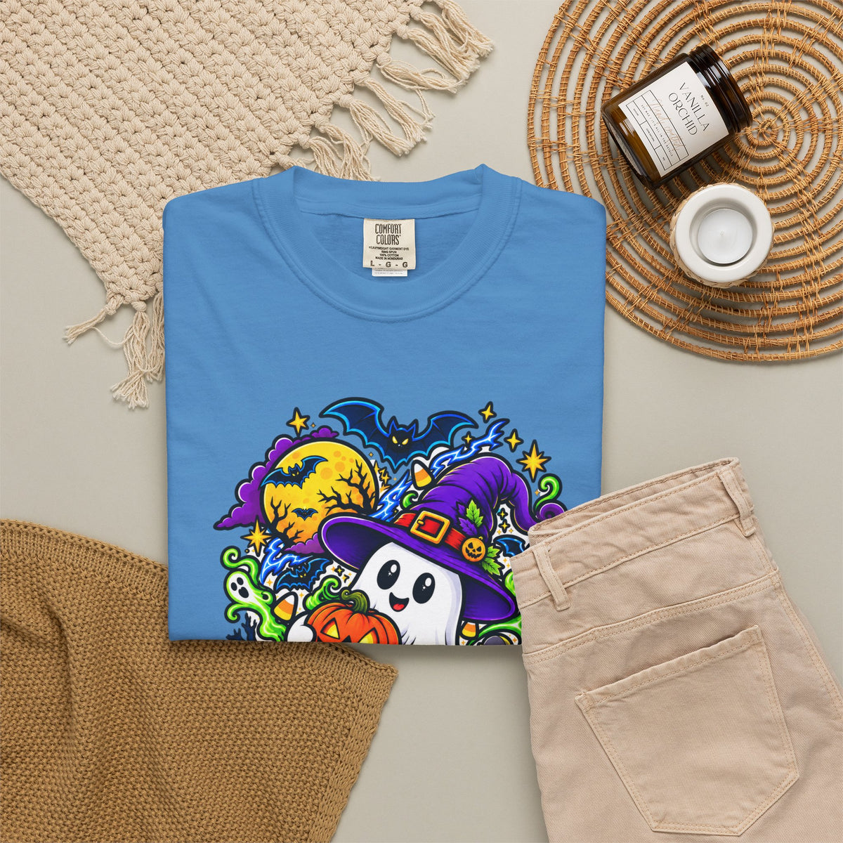 Unisex Halloween Ghost & Pumpkin Tee | Vibrant Spooky Adult Shirt