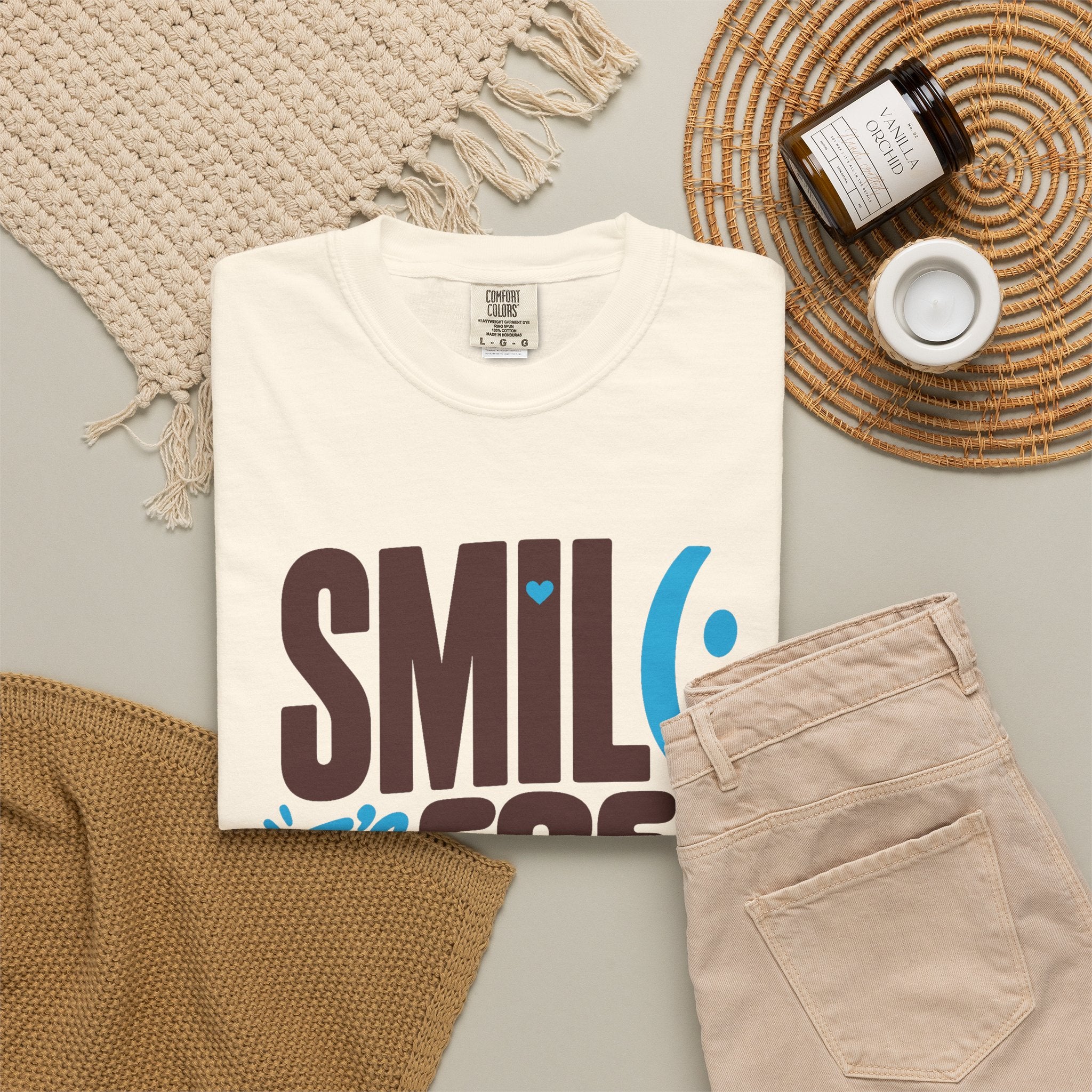 SMIL(: IT’S FREE. Brown & Bright Blue Garment-Dyed Graphic Tee