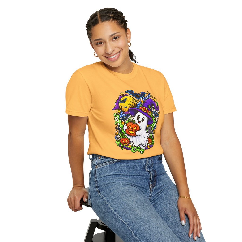 Unisex Halloween Ghost & Pumpkin Tee | Vibrant Spooky Adult Shirt