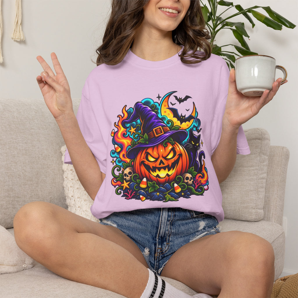 Unisex Halloween Pumpkin & Black Cat T-Shirt | Colorful Spooky Adult Tee