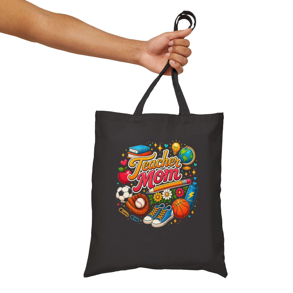 Teacher Mom Canvas Tote Bag with School Icons (Apple, Books, Sports)