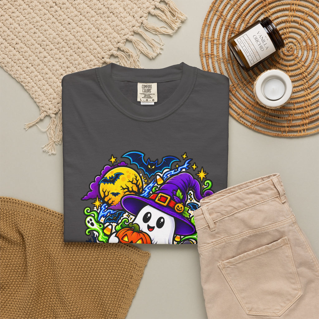 Unisex Halloween Ghost & Pumpkin Tee | Vibrant Spooky Adult Shirt