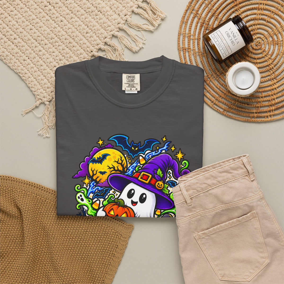 Unisex Halloween Ghost & Pumpkin Tee | Vibrant Spooky Adult Shirt
