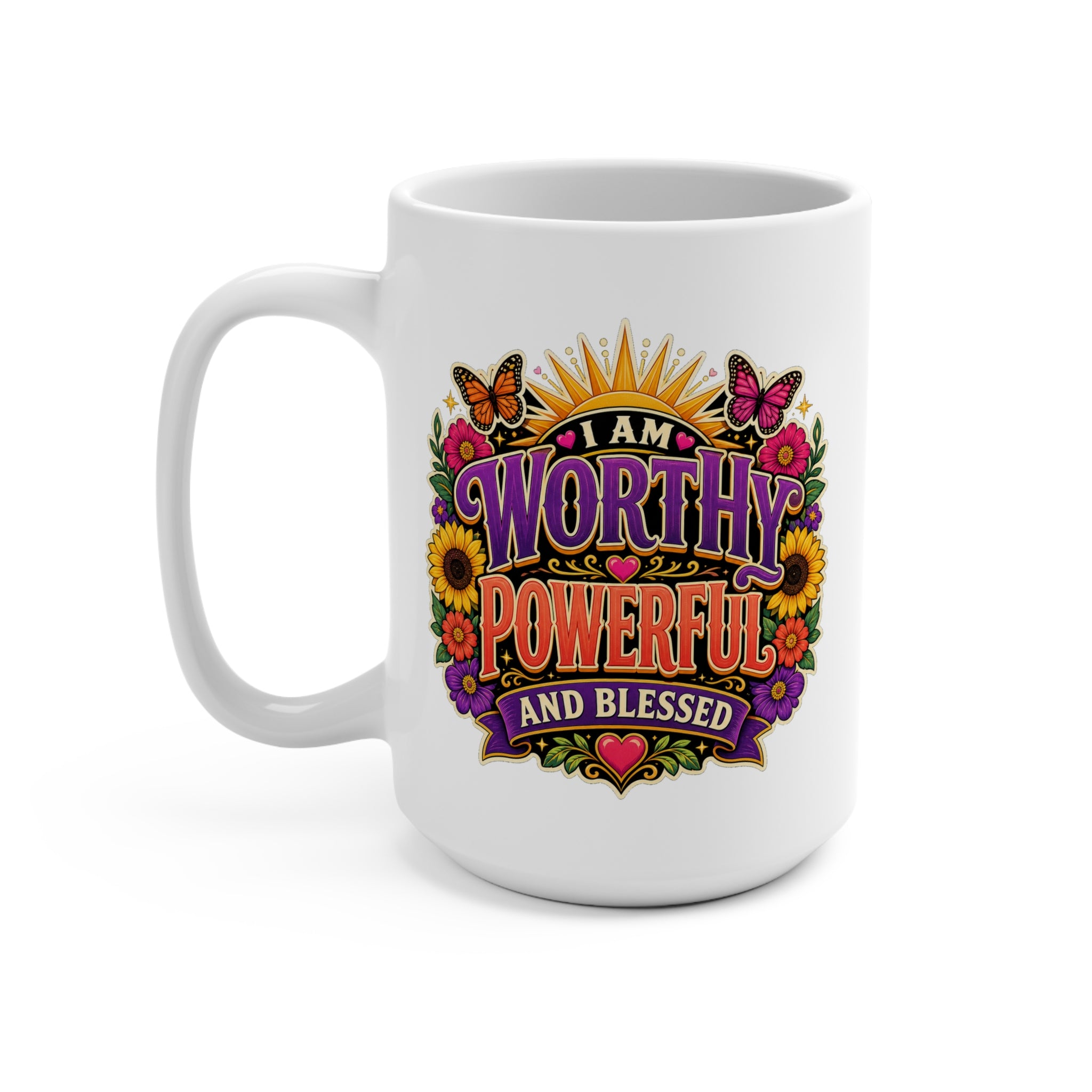 I Am Worthy Powerful and Blessed Mug - Inspirational Coffee Cup - Affirmation Gift for Women, Self Love, Confidence and Encouragement