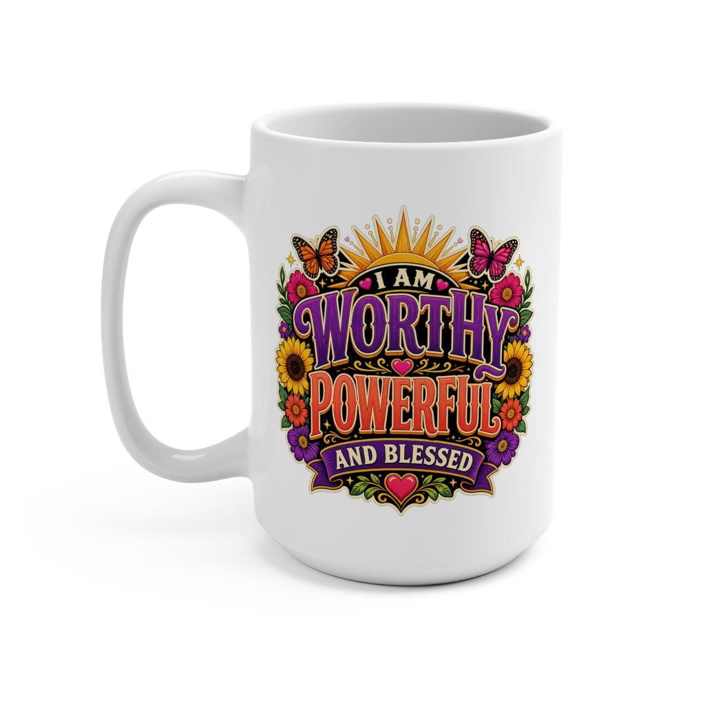 I Am Worthy Powerful and Blessed Mug - Inspirational Coffee Cup - Affirmation Gift for Women, Self Love, Confidence and Encouragement