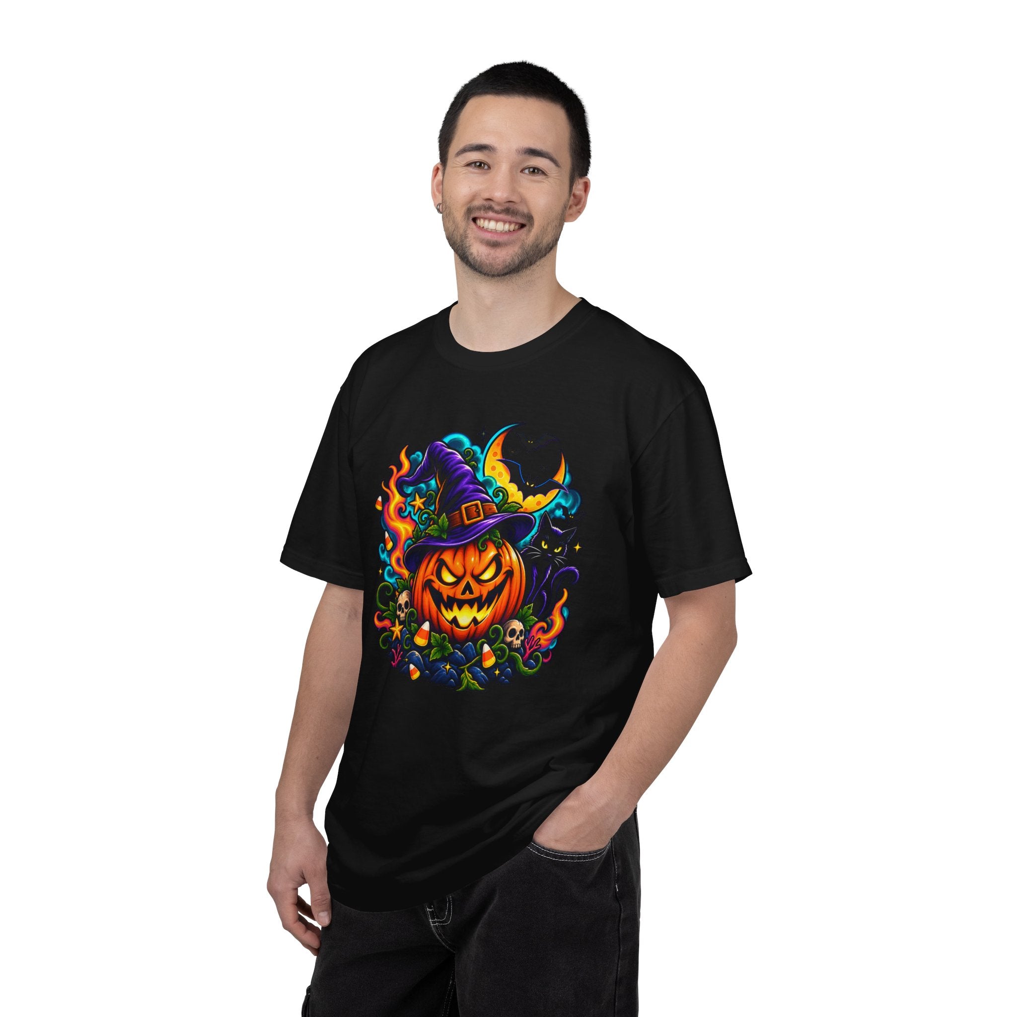 Unisex Halloween Pumpkin & Black Cat T-Shirt | Colorful Spooky Adult Tee